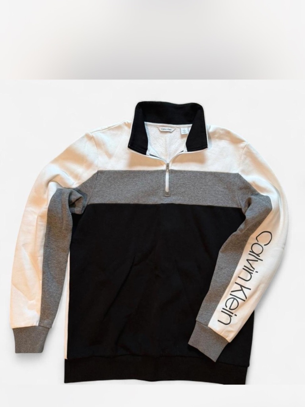 Calvin Klein Men’s Colorblock Half‑Zip Sweater in Black, Gray & Cream